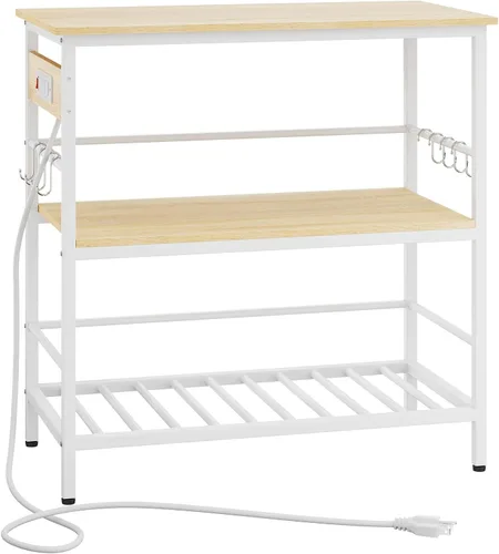 IBUYKE Isla de cocina con almacenamiento, estante para panaderos con toma de corriente, soporte para microondas con encimera grande, carrito de