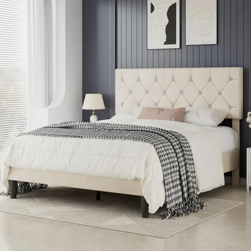Miniatura 23 de VECELO Base de cama de tamaño individual, plataforma tapizada con cabecera ajustable de diamante, soporte de listones de madera, no necesita somier