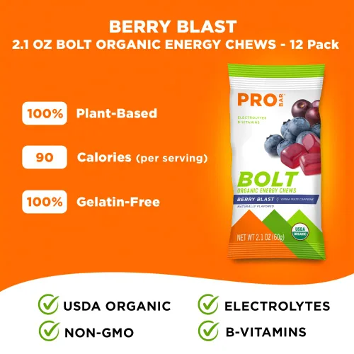 Miniatura 5 de Probar - Masticables energéticos orgánicos Bolt, explosión de bayas, sin OMG, sin gluten, certificado orgánico USDA, saludable, energía natural