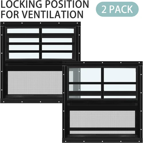 Miniatura 7 de Tandefio Paquete de 2 Ventanas de Cobertizo Empotradas de 16 x 16 pulgadas de color negro con vidrio templado y malla para el hogar, ventanas