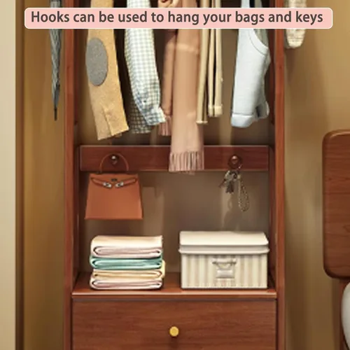 Miniatura 7 de Solid Wood Clothes Rack, Freestanding Clothing Rack, 5-in-1 Design Garment Rack, Large Capacity Coat Rack with Hooks and Storage Cabinet, Hall Tree