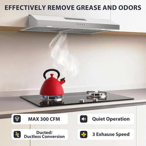 Miniatura 2 de Campana extractora de 30 pulgadas para debajo del gabinete, campana extractora de cocina convertible con conductos/sin conductos, ventilador