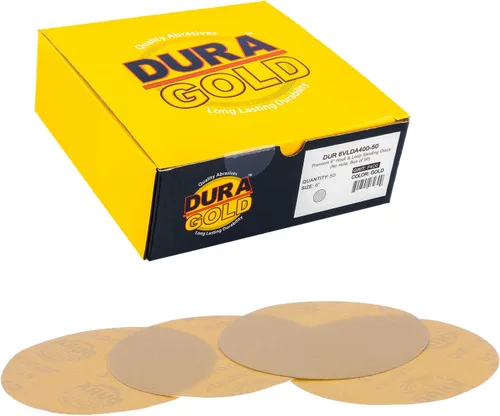 Miniatura 10 de Dura-Gold Discos de papel de lija dorados de grano 40 de 6 pulgadas, sin polvo, sin polvo, caja de 25, respaldo de gancho y bucle para lijadora DA