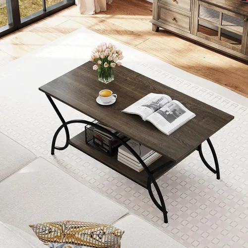 Miniatura 9 de GOFLAME Mesa auxiliar industrial, mesa central rectangular de 2 niveles con estante de almacenamiento, mesa decorativa con marco de metal arqueado