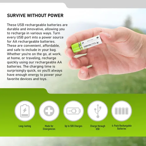 Miniatura 7 de Survival Frog EasyPower - Baterías recargables USB AA de 1.2 V/1450 mAh de larga duración, doble A USB Co. - (paquete de 4)