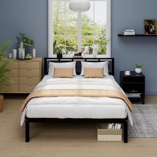 Miniatura 2 de Marco de cama de bambú tamaño Queen con cabecero, plataforma de cama sólida y estable con listones antideslizantes de soporte, cama alta, no Negro