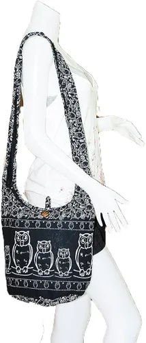 Miniatura 2 de Bolso de hombro estilo hippie tailandés con cremallera hecha a mano búho patrón de algodón gitano boho mensajero mediano
