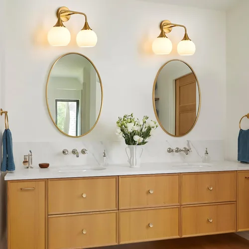 Miniatura 5 de Lámparas doradas de baño con 2 luces de tocador con pantalla de vidrio blanco leche, luces de tocador para baño, aplique de pared moderno para baño