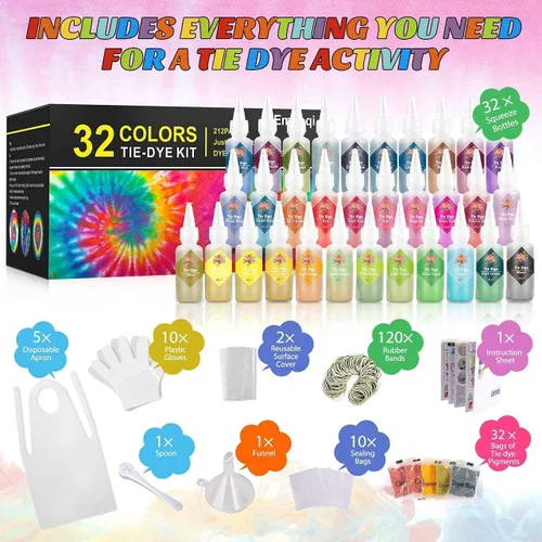 Miniatura 6 de Emooqi - Kit de teñido anudado de 32 colores, todo en 1, contiene 32 pigmentos de bolsa, bandas de goma, guantes, bolsa sellada, delantal y fundas