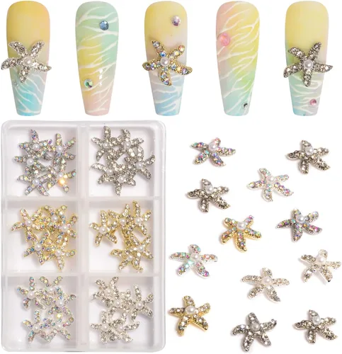Miniatura 7 de 30 dijes de uñas de estrella de mar de aleación 3D, diamantes de imitación de uñas de 6 colores AB brillantes cristales diamantes, joyería de uñas