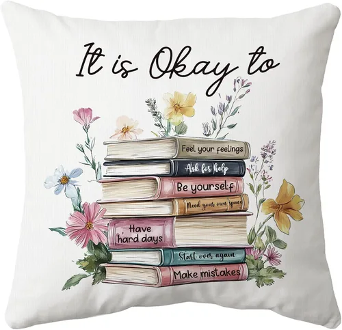 huester Book Floral Mental Health Pillow Cover 18x18, Positive Affirmations Awareness Motivational Decorative Throw Pillow Cover Pillowcases for