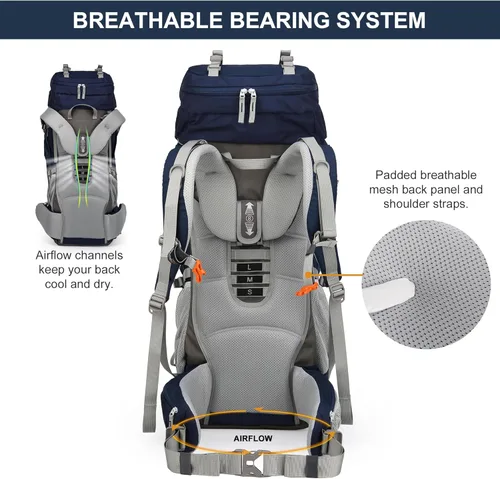 Miniatura 6 de MOUNTAINTOP 70L - Mochila con marco interno para camping, senderismo, mochila para hombres y mujeres con cubierta de lluvia Zafiro azul-70l