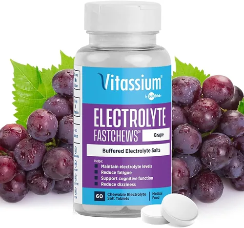 Vitassium FastChews con electrolitos para reposición de sodio y potasio, botella de 60 comprimidos FastChews, uva