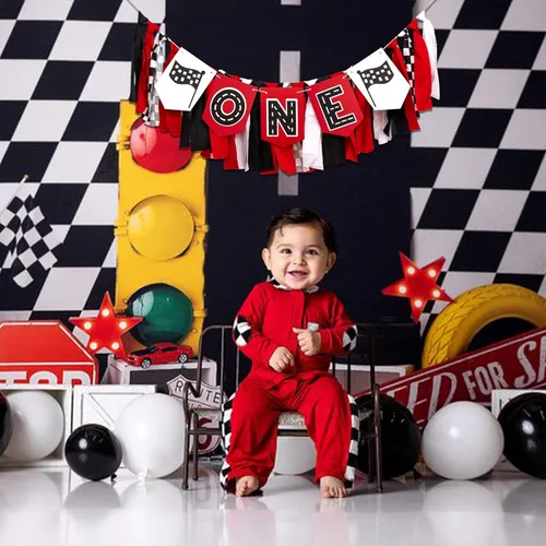 Miniatura 4 de Cartel para silla alta de Racing Car One, decoración de fiesta de primer cumpleaños para bebé, decoración rápida de fiesta de cumpleaños rojo