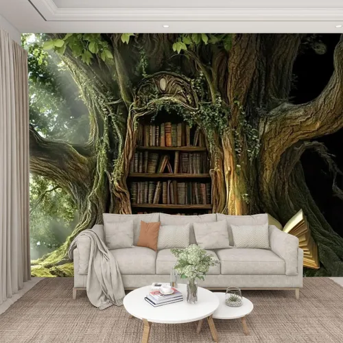 Miniatura 2 de Murales modernos para papel pintado 3D petrificado árbol arroyo ambiente antiguo oculto estantería abierta libro abierto despegar y pegar
