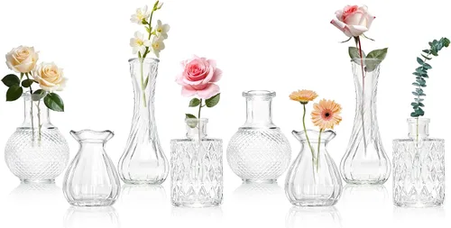 Miniatura 8 de KJHL Juego de 4 jarrones pequeños de cristal para flores, jarrones de flores pequeños transparentes vintage para centros de mesa de boda, mini