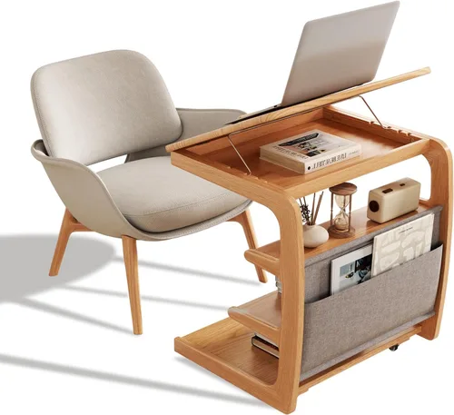 Miniatura 8 de AQIMUELE Mesa auxiliar de madera en forma de C, escritorio de sofá con 2 ruedas con cerradura, mesa de sofá de 4 niveles con bolsa de Natural