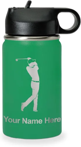 Miniatura 63 de LaserGram Botella de agua personalizada, golfista de golf, acero inoxidable de doble pared aislada al vacío con popote superior, regalo grabado Negro