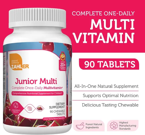 Miniatura 3 de Zahler, Junior Multi, Suplemento mineral y multivitamínico óptimo para niños, las más deliciosas tabletas masticables sabor cereza, color y sabor