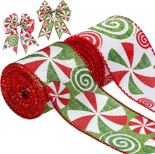 Miniatura 9 de Berlune 4 rollos de cinta de Navidad con borde con alambre de menta de 2.5 pulgadas de ancho, cinta de arpillera para manualidades, corona, árbol