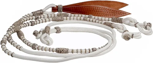 Cuerda de nailon blanco con nudos marrones cuero crudo para caballo trenzado a mano Romal Romel Riendas Ranch Cuerda/cuerda Reins8.5 pies, 52 pies