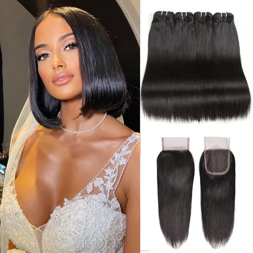Miniatura 21 de Liang Dian Paquetes de cabello humano corto de 8 pulgadas color natural 4 paquetes 12A cabello virgen brasileño 100% cabello humano liso sin