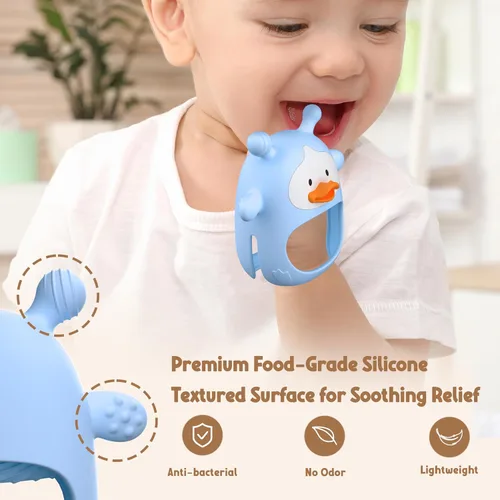 Miniatura 7 de Paquete de 2 juguetes de dentición para bebés de 3 a 6 a 12 meses, guantes de dentición de silicona de grado alimenticio, mordedores de mano de azul