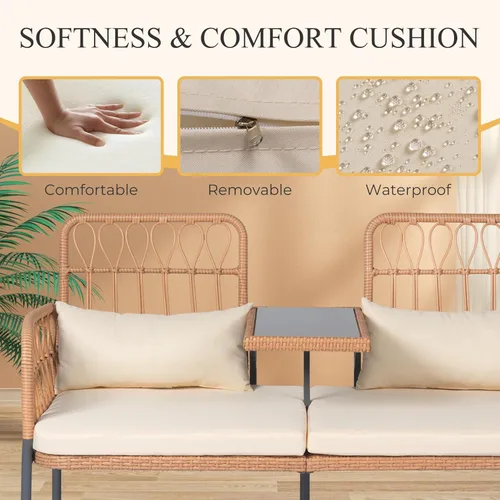Miniatura 3 de PROHIKER Muebles de Patio Exterior Sofá de Amor de Ratán de 2 Asientos con Mesa Integrada, Almohadas Lumbares y Cojines, Sofá de Amor de Mimbre