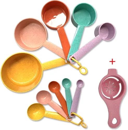 Juego de tazas y cucharas medidoras de plástico, 10 piezas de herramientas de medición de cocina coloridas, grabadas métricas de EE. UU., taza