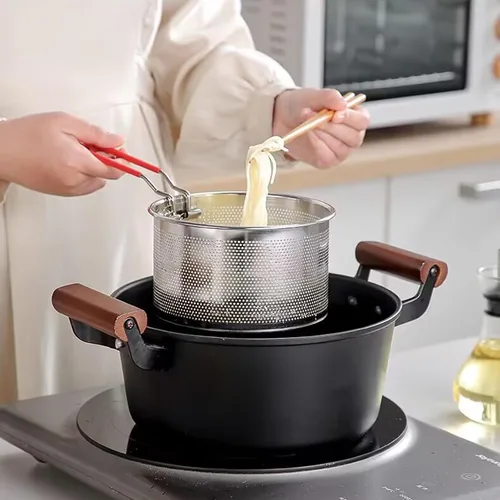 Miniatura 7 de Set de colador de pasta de 2 piezas, colador de fideos de acero inoxidable con asa extraíble, colador de pasta de metal, cesta para freidora