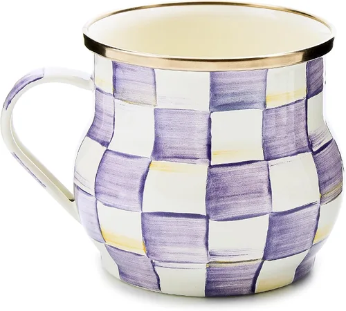 Miniatura 14 de MACKENZIE-CHILDS Taza de esmalte, linda taza de café y té de esmalte, vajilla única, 16 onzas, cuadro de corte negro y blanco, juego de 4