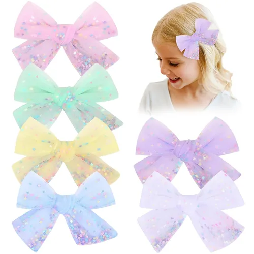 Miniatura 9 de 6 piezas de lazos de tul para el pelo de niñas, lazos para bebés de CN con estrella brillante y pinza de cocodrilo, pasadores de pelo coloridos