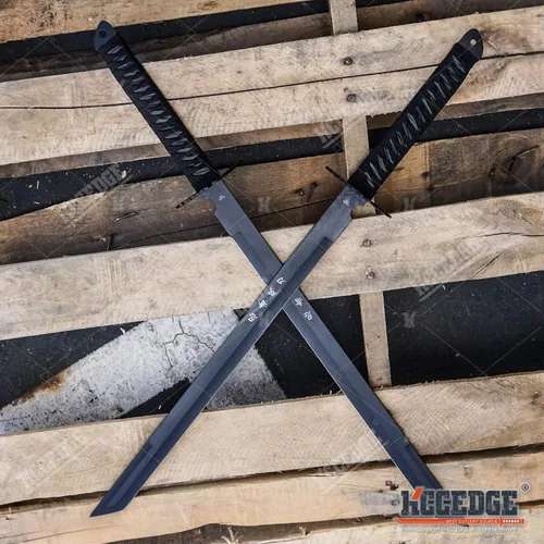 Miniatura 6 de Juego de 2 machetes Tanto Ninja Katana de espada doble de 28 pulgadas con funda de nailon + grabado negro chino en la edición Blade.