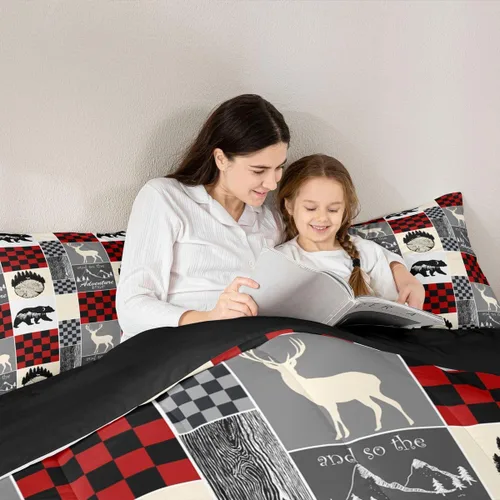 Miniatura 74 de Juego de edredón de oso y ciervo, tamaño individual, ropa de cama de animales salvajes de caza, colcha rústica de cabaña, casa de campo, cuadros