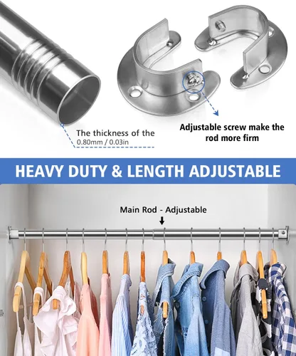 Miniatura 3 de Barras de armario para colgar ropa, resistentes, longitud ajustable (plata, 66.5 - 76 pulgadas)