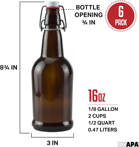 Miniatura 2 de Ilyapa Botellas de cerveza de vidrio ámbar de 16 onzas para elaboración casera – Paquete de 6 con tapas herméticas con sello de goma