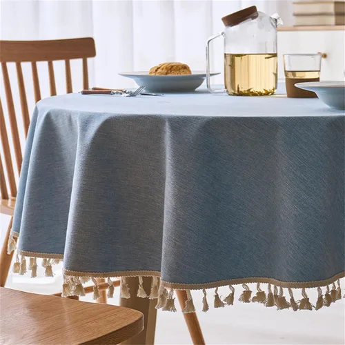 Miniatura 7 de Dimatic Mantel redondo con textura de lino con ribete de encaje, impermeable, a prueba de derrames, para decoración de mesa de cocina, comedor, Beige