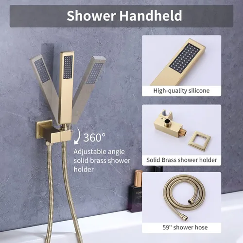 Miniatura 5 de Taplong Grifo de bañera de montaje en pared con boquilla de cascada, juego de grifo de bañera montado en la pared con rociador de mano dorado