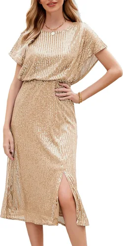 JASAMBAC Vestido de lentejuelas para mujer, cuello redondo, manga corta, con purpurina brillante, con abertura, cintura elástica, vestido de cóctel