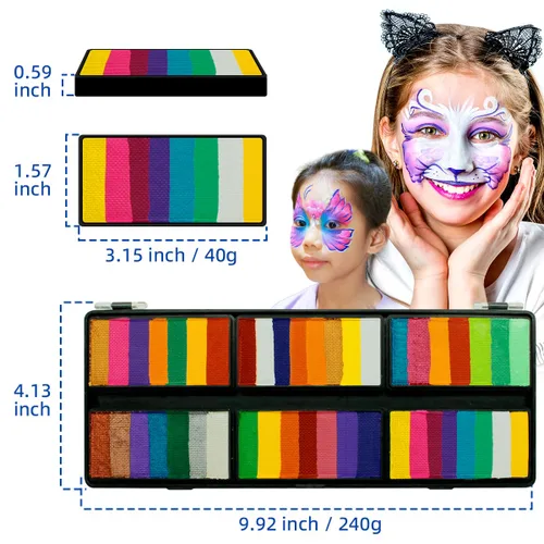 Miniatura 2 de Kit de pintura facial de 8.47 oz de tortas divididas arco iris, paleta de pintura facial profesional para niños y adultos con purpurina, plantillas