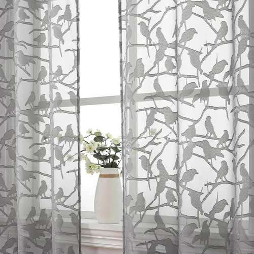OVZME - Anji Juego de 2 cortinas traslúcidas, gasa, ligeras, vaporosas, texturizadas, bolsillo barra doble, pájaros recortados, habitación niños,