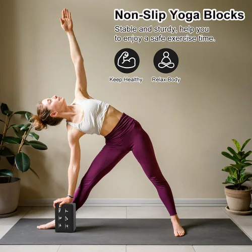 Miniatura 4 de Juego de 2 bloques de yoga y 2 correas de yoga, bloques de espuma EVA antideslizantes, ladrillos de yoga de alta densidad con correa de 6 pies, Negro