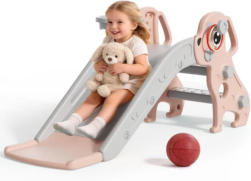 Miniatura 8 de BIERUM Tobogán 4 en 1 para niños pequeños, tobogán infantil para patio de juegos interior y exterior, toboganes con aro de baloncesto y lanzamiento