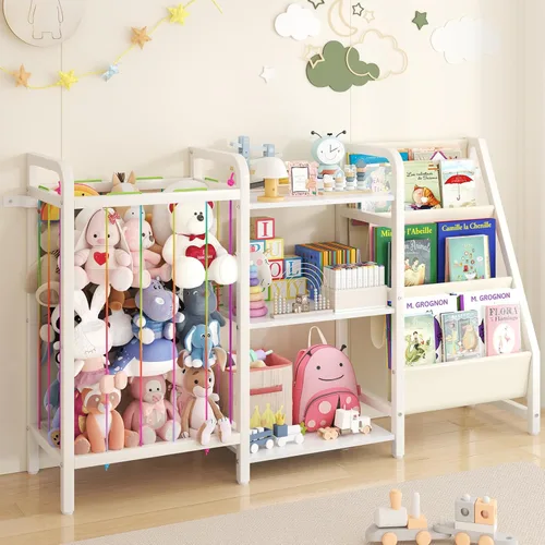 Miniatura 9 de B1 - Estantería infantil y almacenamiento de juguetes, estante de libros de 3 niveles para habitaciones de niños, estantería para bebés con Madera