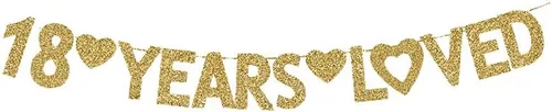 Cartel de 18 años de amor, decoración de fiesta de cumpleaños 18, aniversario de boda, letrero de papel dorado con purpurina