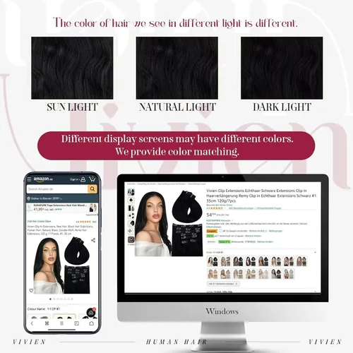 Miniatura 5 de Vivien Extensiones de cabello humano con clip, color negro azabache, extensiones de cabello humano real con pinzas invisibles, doble trama, 14