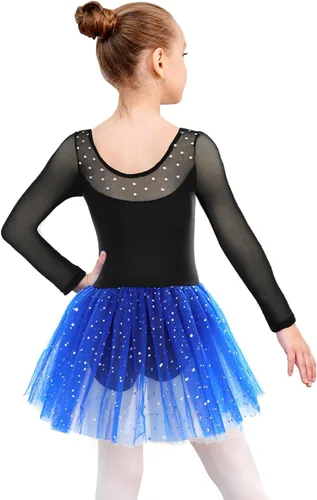Miniatura 4 de EQSJIU Leotardo de ballet de manga larga con falda tutú para niñas, baile, gimnasia, niños pequeños, vestido de fiesta de copo de nieve brillante