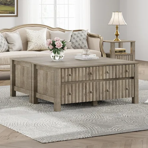 WAMPAT Paquete de 2 mesas auxiliares modernas, mesa auxiliar rectangular con cajones de almacenamiento deslizantes, mesa central con patas de madera