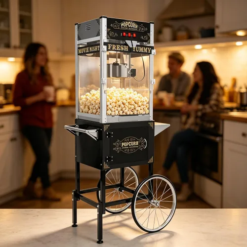 Miniatura 9 de Máquina comercial para palomitas de maíz de 32 oz con carrito - Hervidor de acero inoxidable con ruedas, bandeja calefactora y vidrio templado