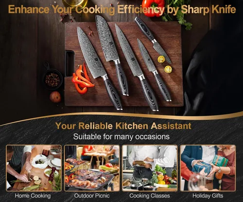 Miniatura 7 de XINZUO Cuchillo de cocina de 5 piezas, juego de cuchillos de chef profesional de acero de Damasco súper afilado con mango de madera de Pakkawood